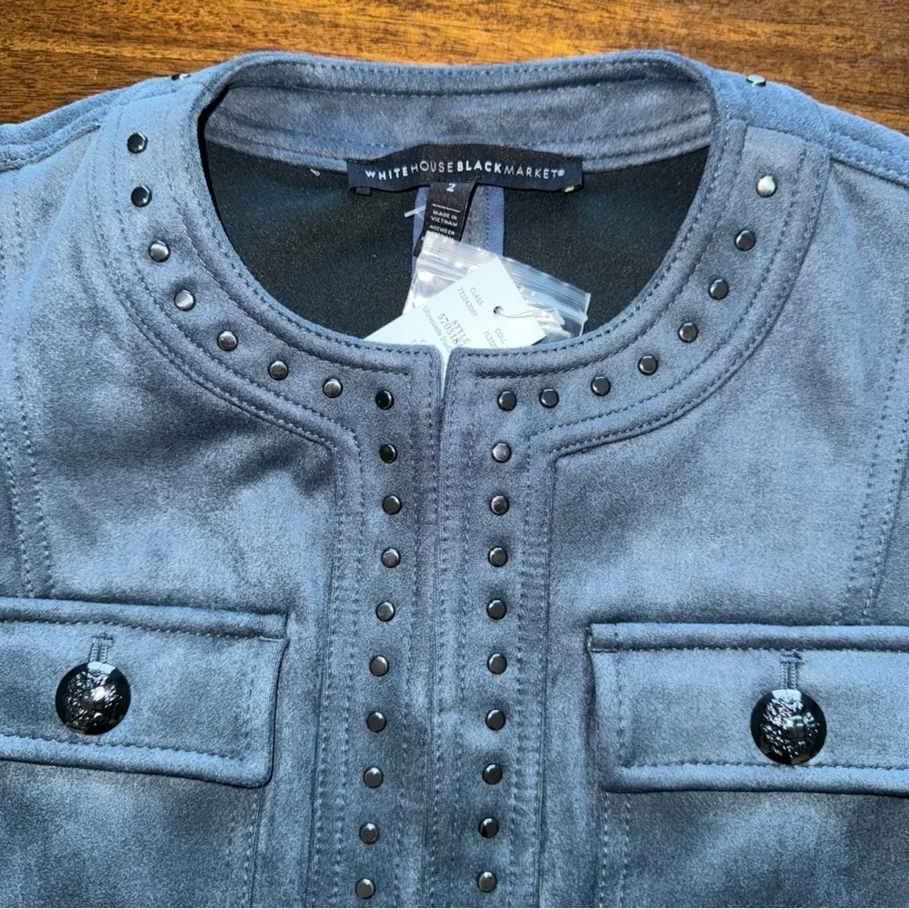NWT $175 White House Black Market Indigo Blue Ultrasuede Studded Jacket Size 2 - Picture 6 of 13